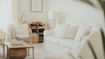 Aufkleber - A cozy and inviting living room design with a white canvas backdrop, Minimalist furniture arranged for comfort, Minimalist farmhouse style