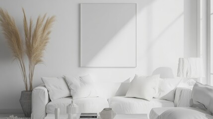 Aufkleber - A cozy and minimalist living room design with a white canvas backdrop, Thoughtfully arranged minimal furniture, Minimalist Scandinavian style