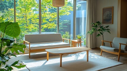 Wall Mural - Modern Living Room with Natural Light and Greenery