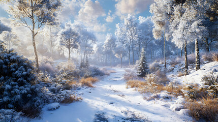 Poster - Snowy Winter Forest Path 3D Illustration