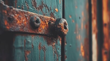 Poster - Close-up of a rusty, weathered metal door latch and teal paint.