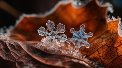 Poster - Delicate Snowflakes Resting on a Brown Leaf
