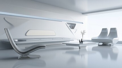 Poster - A futuristic and minimalist lounge design featuring a white canvas backdrop, Sleek and innovative minimalist furnishings, Sci-fi minimalism style