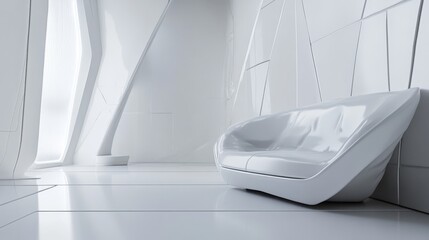 Poster - A futuristic and minimalist lounge design featuring a white canvas backdrop, Sleek and innovative minimalist furnishings, Sci-fi minimalism style