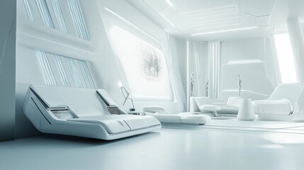 Poster - A futuristic cyberpunk lounge living room design featuring a white canvas backdrop, enhanced by minimalist cyberpunk furniture arrangements, Futuristic cyberpunk minimalist style