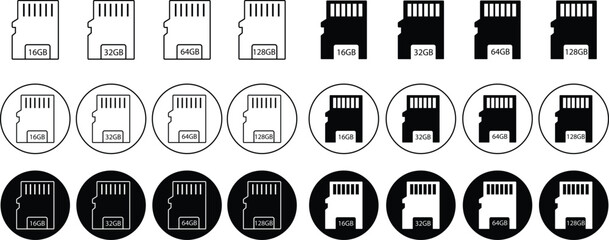 Poster - Memory card icons set in trendy line and flat style. Design can use for web and mobile app. Data storage vector. Micro SD memory storage multimedia card and adapter isolated on transparent background.