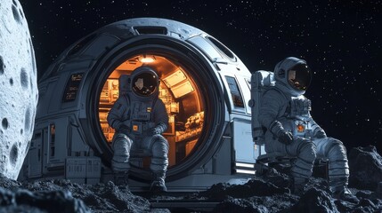 Wall Mural - Exploring the moon astronauts in spacecraft lunar surface digital art outer space close-up adventure