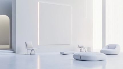 Poster - A futuristic minimalist showcase adorned with a white canvas backdrop, Innovative furniture arrangement in a cutting-edge tech showroom, Tech minimalism style