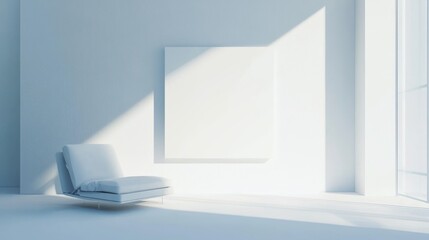 Poster - A futuristic minimalist showcase adorned with a white canvas backdrop, Innovative furniture arrangement in a high-tech showroom, Tech minimalism style