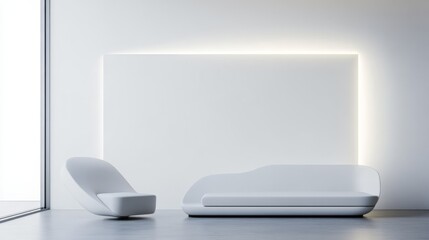 Poster - A futuristic minimalist showcase featuring a white canvas backdrop, Innovative furniture arrangement in a cutting-edge showroom, Futuristic minimalism style