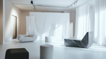 Poster - A futuristic minimalist showcase featuring a white canvas backdrop, Innovative furniture arrangement in a cutting-edge technology showroom, Futuristic minimalism style