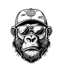 Wall Mural - gorilla cap sunglasses engraving black and white outline