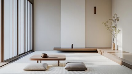 Poster - A Japanese tea house-inspired living room design boasting a white canvas backdrop, Adorned with minimalist tatami furniture arrangements, Japanese tea house minimalist style