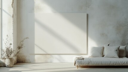 Aufkleber - A minimalist and peaceful living room design featuring a white canvas backdrop, Minimal furniture thoughtfully placed, Industrial minimalist style