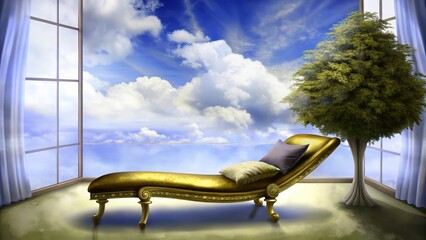 Poster - Golden Chaise Lounge in a Room with a View of Clouds and a Tree