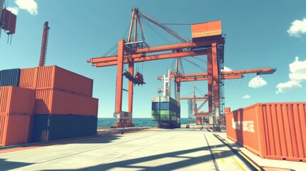 Poster - Cargo Shipping Cranes at a Busy Container Port Under a Sunny Sky