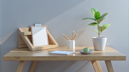 Sticker - Minimalist Wooden Desk with Plant, Notebook, and Pencils