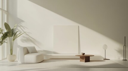 Aufkleber - A minimalist living room design featuring a white canvas backdrop, Strategically arranged minimal furniture, Minimalist Scandinavian style