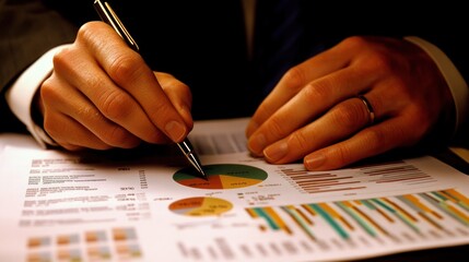 Poster - A close-up of hands analyzing business charts and graphs with a pen.