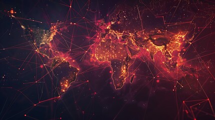 Fototapete - Stylized world map with a network of glowing red lines and dots representing global connections and communication.