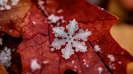 Poster - A Delicate Snowflake Resting on a Red Autumn Leaf