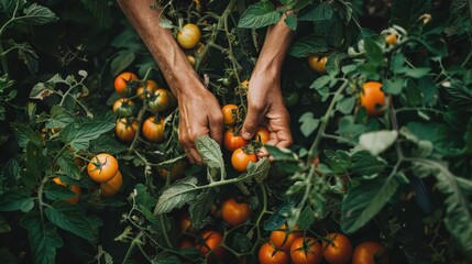 Wall Mural - Harvesting Freshness: A pair of hands carefully pick ripe tomatoes from a vibrant vine, showcasing the beauty and bounty of a homegrown harvest.