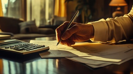 Poster - A hand writes notes with a calculator and papers on a desk, suggesting business or finance work.