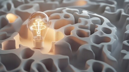 Poster - A glowing light bulb sits atop a textured, abstract surface, symbolizing innovation and ideas.