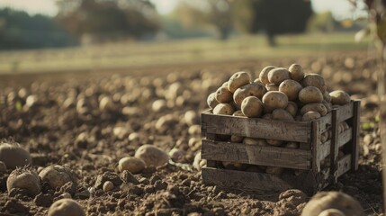 Wall Mural - Harvest Bounty: A rustic wooden crate brimming with freshly harvested potatoes sits amidst rows of plump tubers in a field bathed in warm morning light.