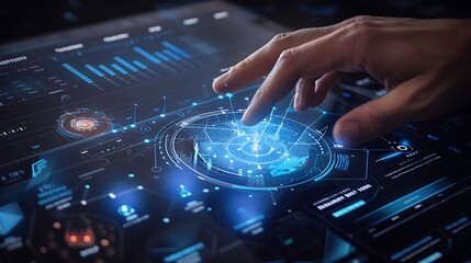Fototapete - Hand interacts with a digital interface, showcasing futuristic technology and data visualization.