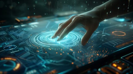 Poster - hand interacts with a futuristic digital interface, highlighting technological advancements and the 