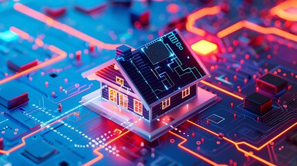 Poster - Miniature house stands on circuit board with integrated lines for showcasing smart home concept advanced technology digital connectivity innovation concept.