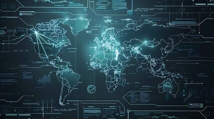 Wall Mural - Futuristic digital illustration depicting a world map with glowing network connections highlighting global interconnectedness.