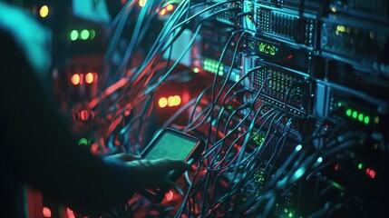 Poster - a person interacting with a smartphone near a server rack illuminated by colorful lights.