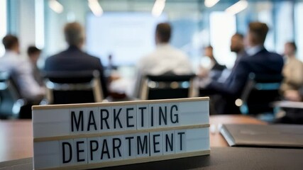 Poster - A meeting in a modern office with a sign indicating the marketing department.