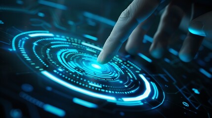 Poster - finger hovering over a futuristic digital interface with glowing blue lines and circles. the image r