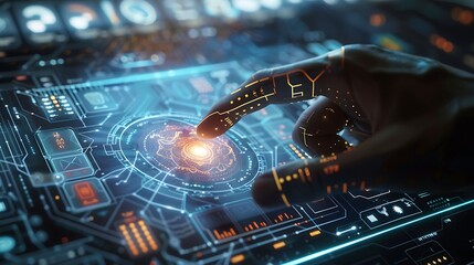 Poster - Robotic hand interacts with a futuristic interface, showcasing advanced technology and the potential of artificial intelligence.