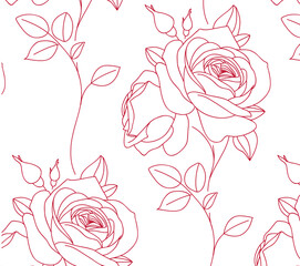 Aufkleber - Abstract seamless pattern with line red roses. Beautiful blossoming hand drawn flower on white background. Line art wallpaper. Wrapping, fabric or tile design. Vector stock illustration.