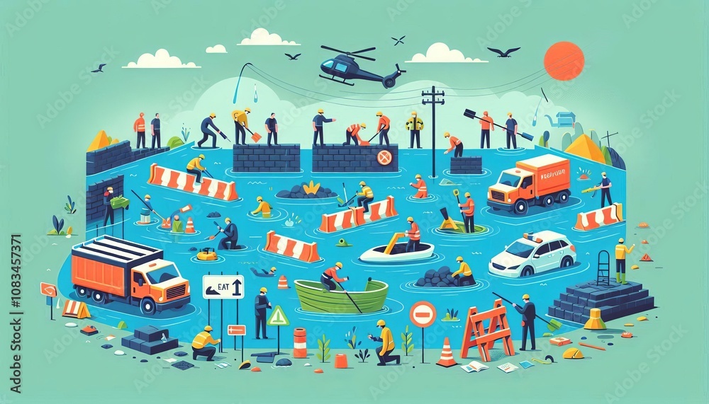 Community teamwork depicted as individuals erect flood barriers to ...