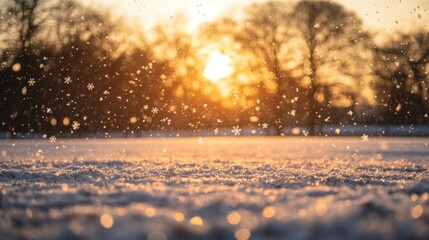 Poster - Snowflakes Falling in Golden Sunset Light on a Snowy Field