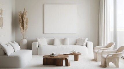 Aufkleber - A refined and peaceful living room design featuring a white canvas backdrop, Elegantly placed minimalistic furniture, Coastal chic minimalist style