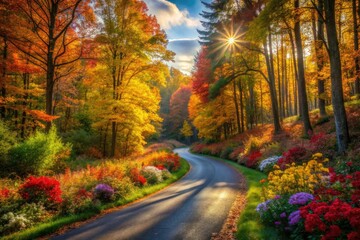  Scenic Autumn Road Through Lush Forest with Sunlight Filtering and Colorful Wildflowers - Perfect for Nature Lovers and Travel Enthusiasts