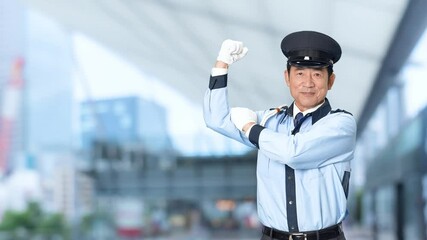 Poster - 警察官、警察、パトロール、男性、セキュリティ、警備員、パワー、元気、警備、パワフル、力こぶ、仕事、笑顔、日本人、中年、ミドルエイジ、アルバイト、働く、やる気、ガッツポーズ、警備会社、防犯、防災、制服、守衛、ガードマン、門番、見張り、保安、ボディガード、巡回、監視、取り締まり、見守り、安全、信頼、頼もしい、守る、トレーニング、訓練、ファイト、スローモーション、駅、駅前、都市、治安、社会、都会、繁華街