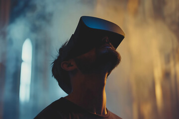 Poster -  man wearing a black shirt and a hat is looking at a virtual reality headset. Concept of excitement and anticipation as the man prepares to enter the virtual world