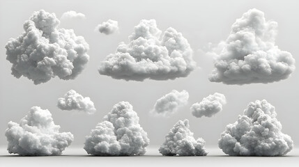 Wall Mural - 3D Cloud Shapes Collection - White Fluffy Clouds Rendered on Grey Background