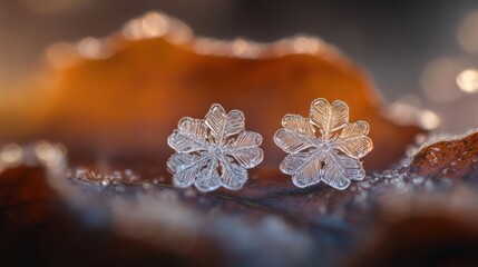 Poster - Two Delicate Snowflakes Resting on a Brown Leaf