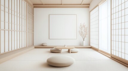 Poster - A serene and minimalist Japanese tea room-inspired living room design featuring a white canvas backdrop, Adorned with traditional Japanese tatami mats and low seating, Japanese tea room style