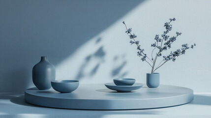 Poster - Elegant Minimalist Still Life with Blue Ceramic Objects, Delicate Branches, and Soft Shadows in Contemporary Interior Design Aesthetic