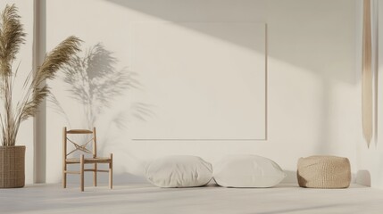 Poster - A serene and minimalist living room arrangement with a white canvas backdrop, Thoughtfully curated minimal furniture, Scandinavian Minimalism style