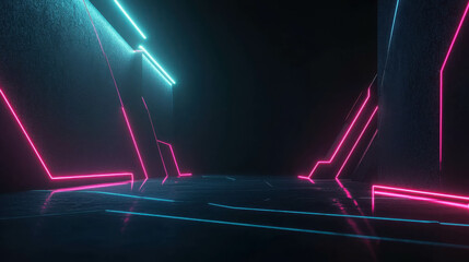 Poster - Futuristic Neon Corridor with Vibrant Light Accents, Dark Background and Glossy Floor for Surreal, Sci-Fi, and Cyberpunk Themed Visuals